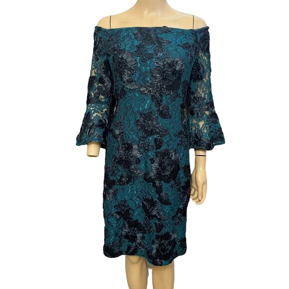 NEW Adrianna Papell Soutache Cocktail Dress Off The Shoulder Lace Bell Sleeve - Picture 1 of 7